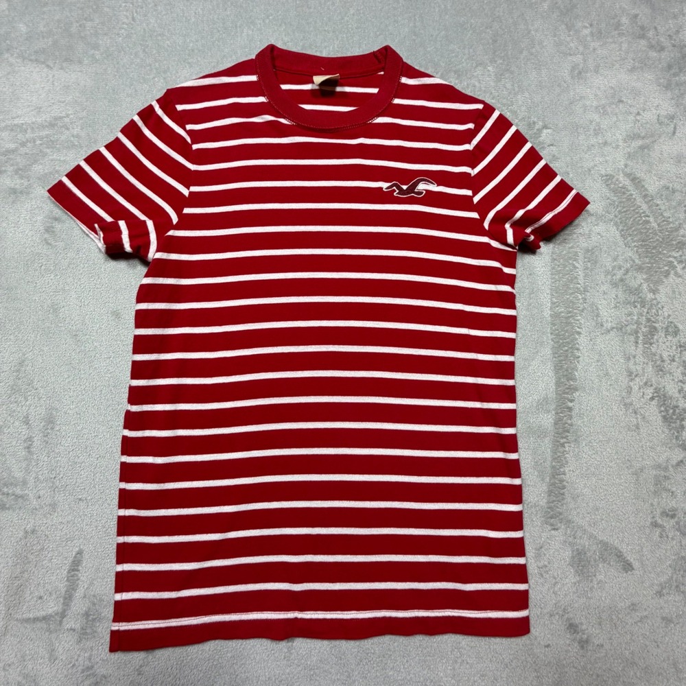 Vintage 2000s Red White Striped 100% Cotton Hollister Crew Neck Tee S - Picture 1 of 7